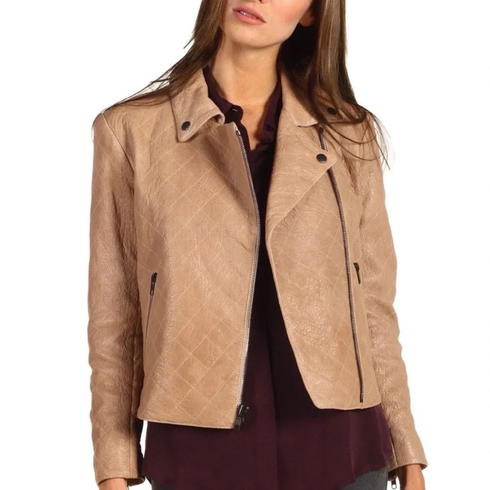 Theory Leather Jacket Quilted Moto Classic Minimal Tan Quiet Luxury Capsule S